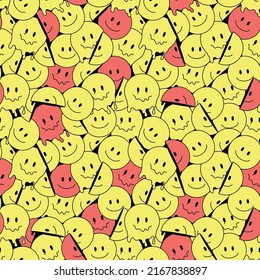 Sonrisa divertida cara derretida sin fisuras arte de patrón. Ilustración vectorial retrro psicodélico gráfico. Buena vibración positiva caras sonrientes, ácido, alto, derretido, viaje, papel tapiz sin fisuras. Estética Y2K