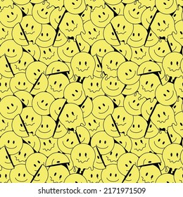 Funny smile crazy melted face seamless pattern art. Vector illustration psychedelic retrro graphic. Positive good vibes faces, acid, high, melt, trip, wallpaper seamless pattern. Y2K aesthetic