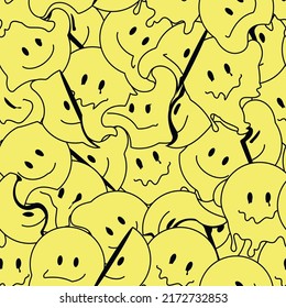 Sonrisa divertida cara derretida sin fisuras arte de patrón. Ilustración vectorial retrro psicodélico gráfico. Rasgos positivos de buena vibración, ácido, alto, derretido, viaje, fondo de pared patrón sin fisuras. Estética Y2K