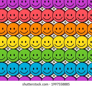Funny smile cute rainbow face seamless pattern. Vector doodle cartoon kawaii character illustration icon design. Positive smile faces, gay, lgbt, lgbtq rainbow flag seamless pattern concept