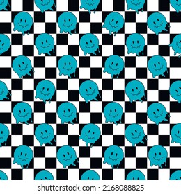 Funny smile dope faces seamless pattern. psychedelic surreal techno melt smile background. Trippy smiley faces, techno, melting smile face cartoon background wallpaper concept art. Y2K aesthetic