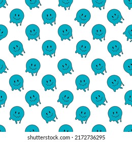 Funny smile dope faces seamless pattern. psychedelic surreal techno melt smile background. Trippy smiley faces, techno, melting smile face cartoon background wallpaper concept art. Y2K aesthetic