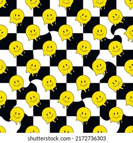 Das sonnige Lächeldach sieht sich nahtlos dem Muster gegenüber. psychedelischer surrealer Techno-Schmelze-Hintergrund. Trippy-Smiley-Gesichter, Techno, schmelzender Lächelkartographie, Hintergrund Wallpaper Concept Art. Y2K ästhetisch