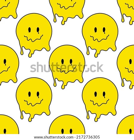 Funny smile dope faces seamless pattern. psychedelic surreal techno melt smile background. Trippy smiley faces, techno, melting smile face cartoon background wallpaper concept art. Y2K aesthetic