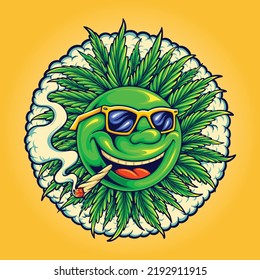 Funny smile emoji smoking weed vector illustrations for your work logo, merchandise t-shirt, stickers and label designs, poster, greeting cards advertising business company or brands