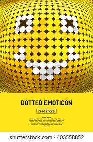 Funny smile. Emotional face icon. Yellow emoticon. Vector dotted smiley face. Conceptual  illustration on the theme of emotions. Bright icon, badge and poster.