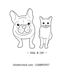 Funny smile face french bulldog and kitty.
Present animal friendship dog and cat.
Drawing cute cartoon character art vector.