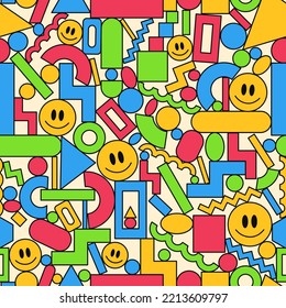 Funny smile face and geometry figure seamless pattern wallpaper. Vector hand drawn doodle 90s style cartoon character illustration. 80s,70s Abstract geometry seamless pattern print
