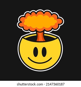 Funny smile face with nuclear explosion inside. Vector hand drawn doodle 90s style cartoon character illustration. Trippy smile face, nuclear explosion print for t-shirt,poster,card,patch,logo concepе