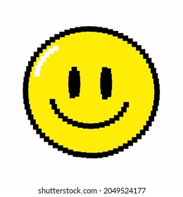 Funny smile face smiley pixel art logo icon. Vector cartoon graphic illustration design. Isolated on white background.Trippy smile face pixel art,8 bit,16 bit style print for poster, t-shirt concept