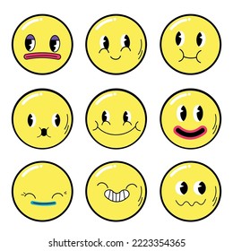 Funny smile faces set collection. Vector cartoon 90s character sticker pack set illustration. Smile faces melt, acid, trippy, psychedelic techno print for t-shirt poster, stickers concept EPS