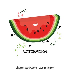 Funny Watermelon character with smile, flat cartoon, doodle style vector illustration isolated on white background. Watermelon character 