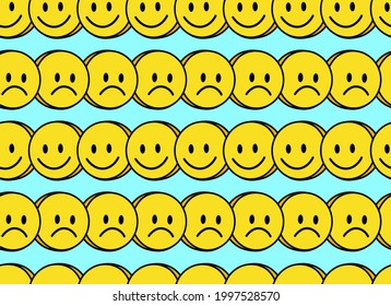 Funny Smile Smiley And Sad Cute Face Seamless Pattern. Vector Doodle Cartoon Kawaii Character Illustration Icon Design. Positive Smile Faces, Acid, High,trip,techno Cartoon Seamless Pattern Concept