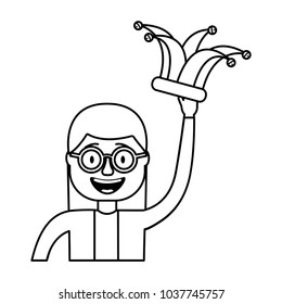 funny smile woman with silly glasses and jester hat