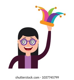 funny smile woman with silly glasses and jester hat