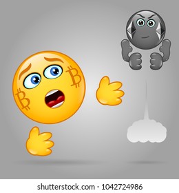 Funny smiles of cryptocurrency bitcoin and ethereum. The ethereum is gaining popularity. Vector illustration.