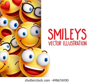 Funny smiley face vector characters happy smiling in the background with empty white board space for text. Vector illustration.
