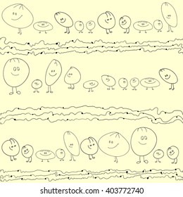 Funny smiley faces with legs and lines on yellow.