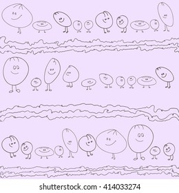 Funny smiley faces with legs and lines on pink.