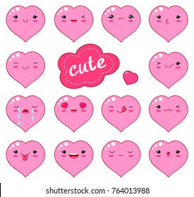 Funny smiley, kawaii style emoticon icon set. Valentine hearts of pink color with smiling faces, pink cheeks and winking eyes. For web design. EPS8