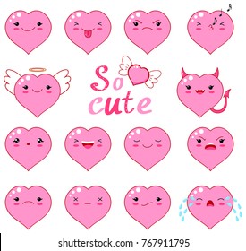Funny smiley, kawaii style emoticon icon set. Valentine hearts of pink color with smiling faces, pink cheeks and winking eyes. For web design. EPS8.