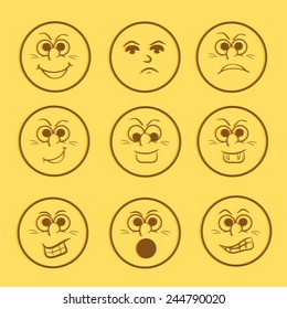 Funny smiley set with different facial expressions on yellow background.