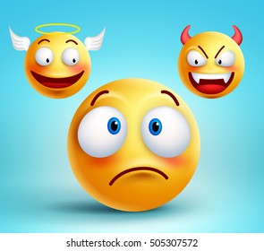 Funny smiley vector character thinking choice between good angel and bad demon about decision. Vector illustration.
