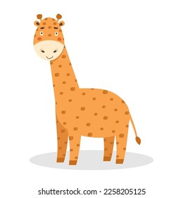 Funny smiling African animal. Cute little baby giraffe cartoon character. Tropical herbivore. Colored flat cartoon vector illustration of happy childish character isolated on white background