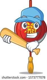 Funny smiling asian lantern cartoon mascot playing baseball