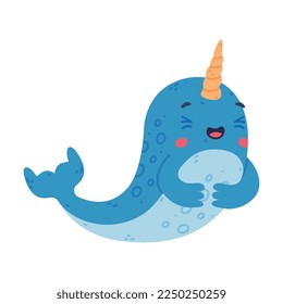 Funny smiling baby narwhal. Cute happy sea mammal animal cartoon character vector illustration