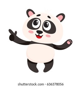 Funny smiling baby panda character pointing to something with finger, cartoon vector illustration isolated on white background. Cute little panda bear character, mascot pointing. showing something