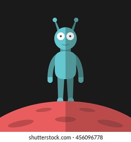 Funny smiling blue alien standing on red planet with craters on dark black background. Life, science, outer space and universe concept. EPS 8 vector illustration, no transparency