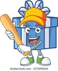 Funny smiling blue gift box cartoon mascot playing baseball