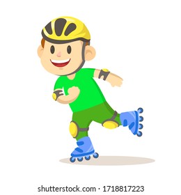 Funny smiling boy rides on roller skates. The child in the helmet and the protection on rollers. Colorful flat vector illustration, isolated on white background.