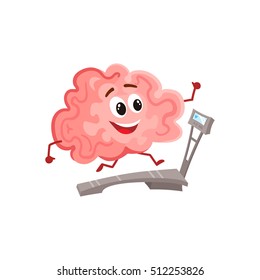 Funny smiling brain running on a treadmill, cartoon vector illustration on white background. Cute working out brain character as a symbol of education, training and development