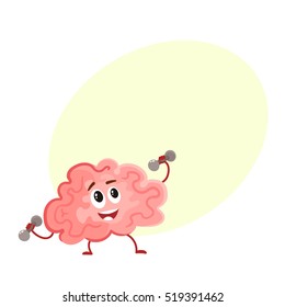 Funny smiling brain training with dumbbells, cartoon vector illustration on yellow background for text. Cute brain character lifting weights as a symbol of education, training and development
