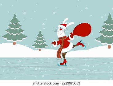 A funny smiling bunny or rabbit dressed in santa claus clothes carrying a big bag with christmas gifts is skating in front of a fir forest in the background. Editable vector illustration