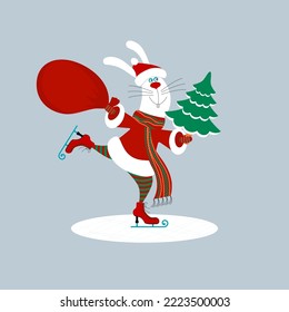 A funny smiling bunny or rabbit wearing santa claus clothes holding big red bag with gifts and green christmas tree is skating on ice. Editable vector illustration