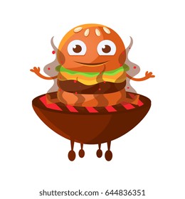 Funny smiling burger with big eyes sitting on the hot BBQ charcoal grill. Cute cartoon fast food emoji character vector Illustration