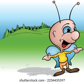 Funny Smiling Butterfly with Open Arms - Colored Cartoon Illustration Isolated on White Background, Vector