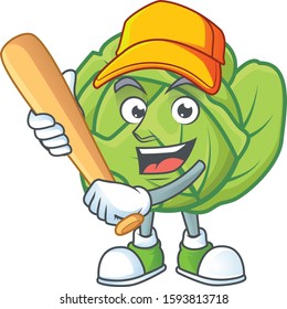 Funny smiling cabbage cartoon mascot with baseball