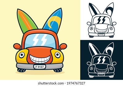 Funny smiling car carrying two surfboard. Vector cartoon illustration in flat icon style