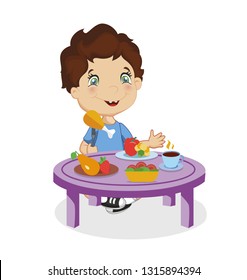 Funny Smiling Cartoon Boy with Brown Hair and Blue Eyes Eating Chiken Sitting at Table with Different Food as Vegetable, Fruit Isolated on White Background. Colorful Character Vector Illustration.
