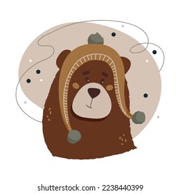 Funny smiling cartoon brown  bear in hat and pom poms  Christmas teddy bear  Vector print for wall decor in children's bedrooms  print for clothes    greeting cards 
