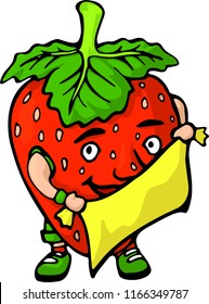 Funny smiling cartoon character strawberry with yellow fabric on white background