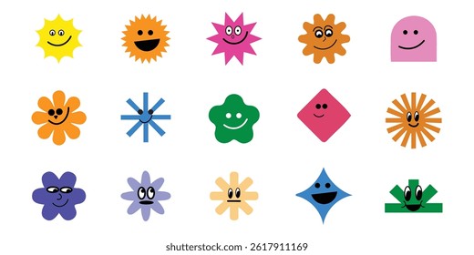 Funny Smiling Cartoon Characters and Abstract Stickers Vector Set - Logo Design Templates and Graphic Elements for Branding and Advertising