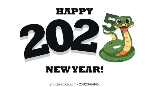 Funny smiling cartoon green snake is holding 5 number of 2025 year white isolated background. New year of 2025 animal snake symbol. Chinese zodiac snake symbol.	