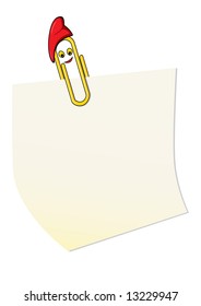 Funny smiling cartoon paper clip sitting on a sheet of paper