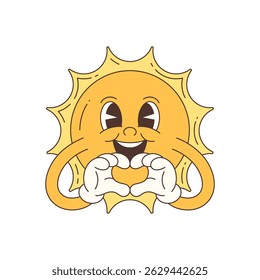 Funny smiling cartoon sun character with expressive face and gloved hands forming a heart shape. Bright and cheerful design ideal for positive themes and seasonal projects. Vector illustration