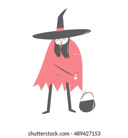Funny smiling cartoon witch with big nose, hat and ragged coat and cauldron on white background.